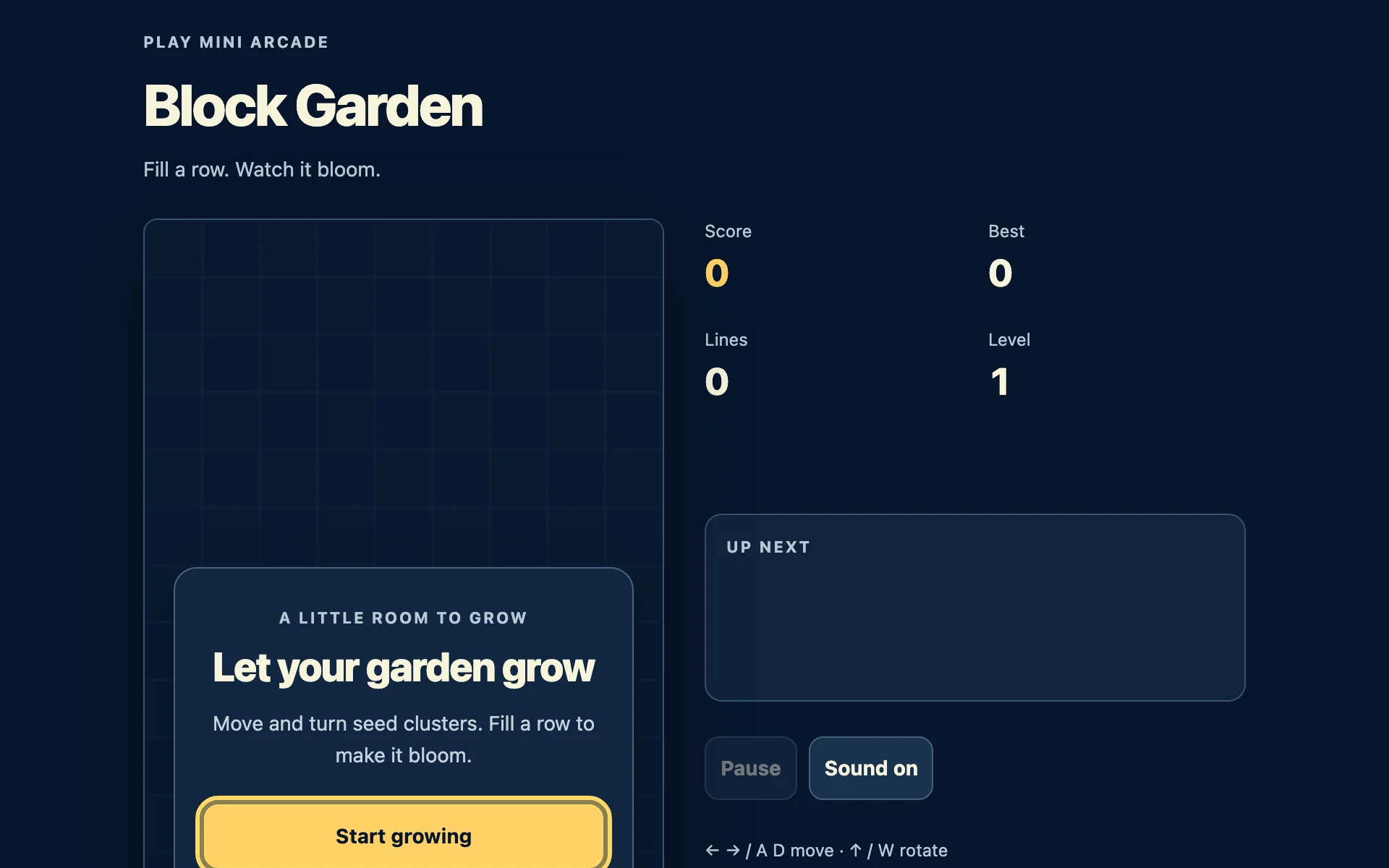 Block Garden start screen: a dark blue garden grid with a yellow Start growing button and score panel.
