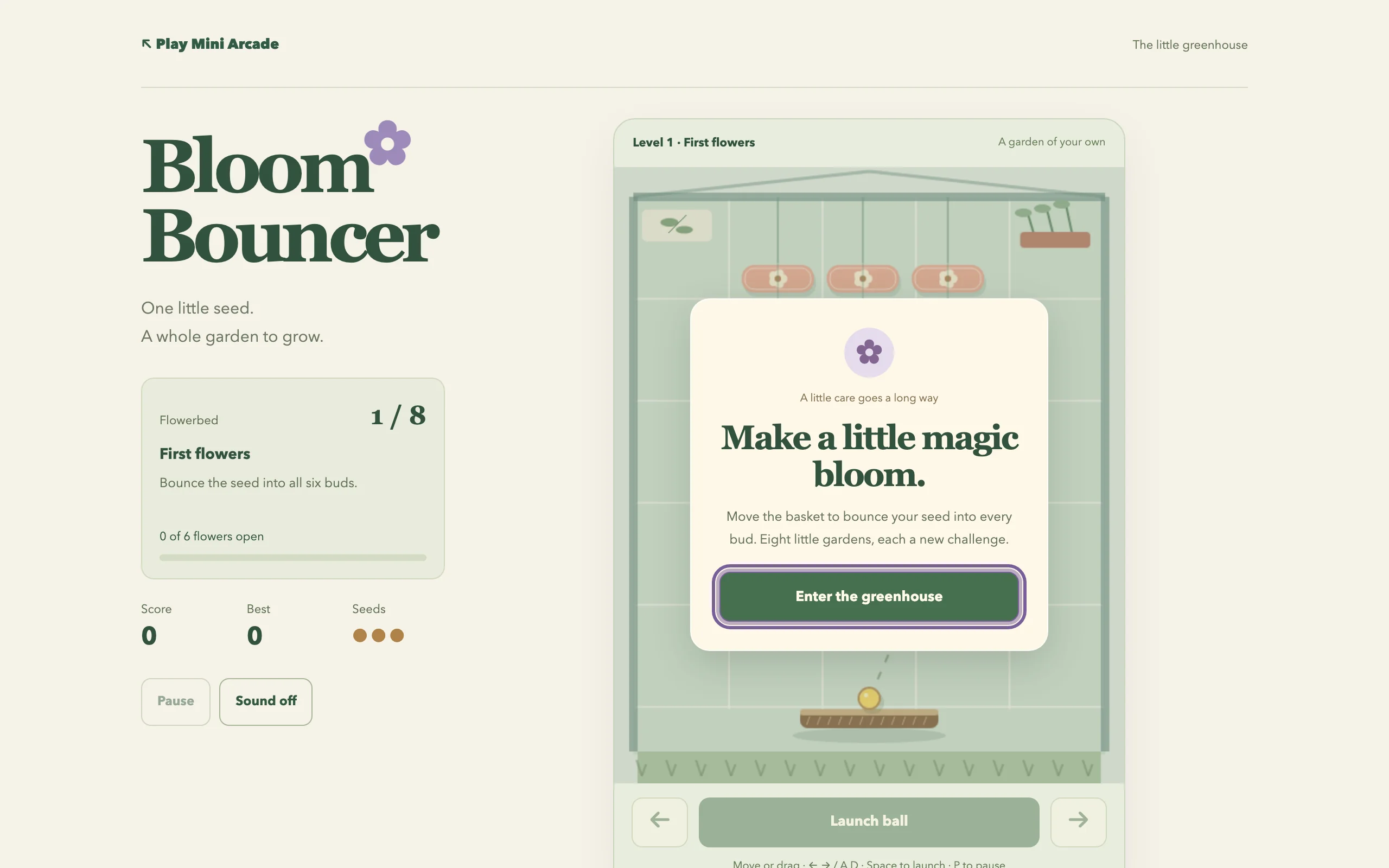 Bloom Bouncer start screen: a soft green glasshouse, hanging flower buds and a cream Enter the greenhouse card.