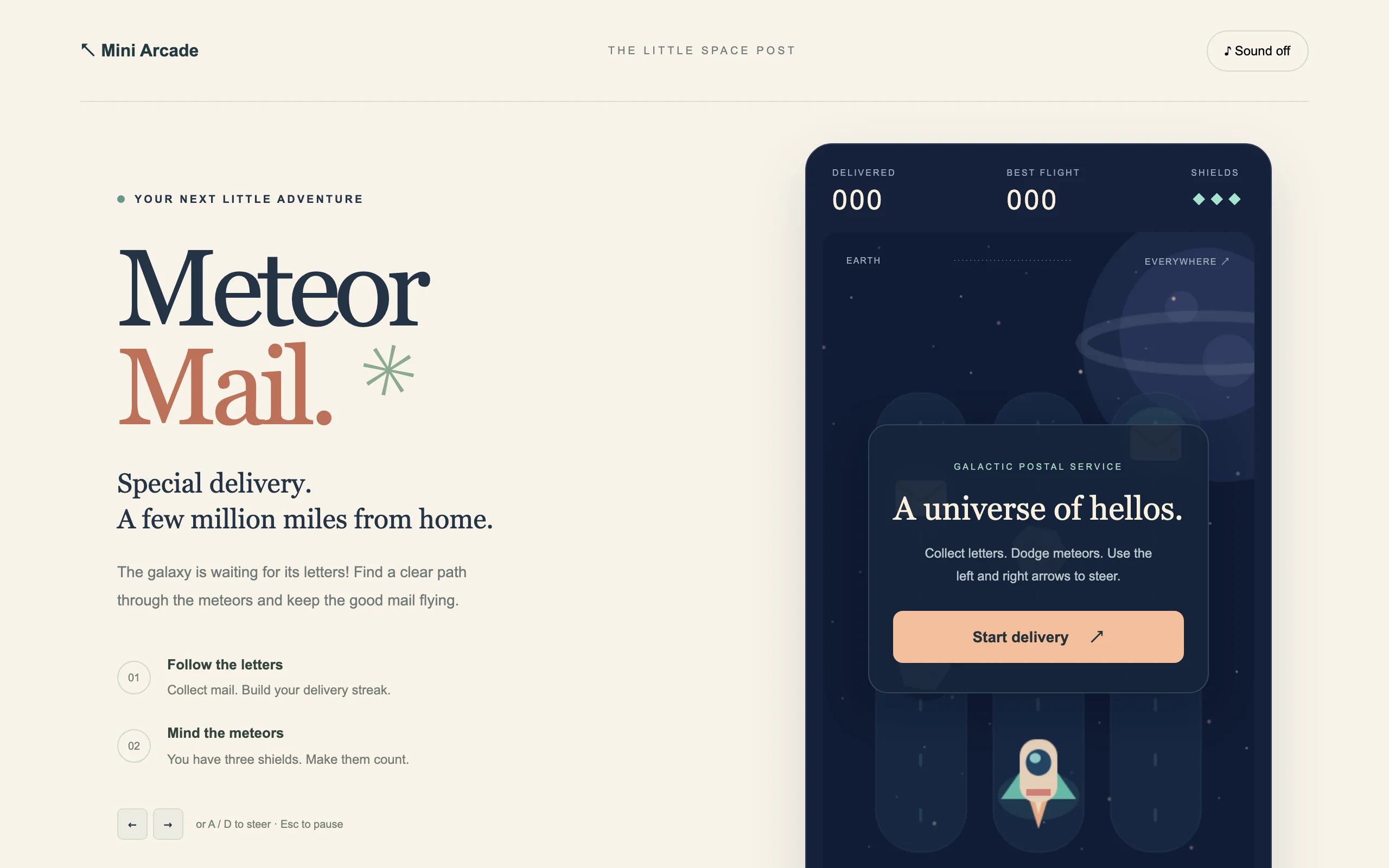 Meteor Mail start screen: a cream menu beside a midnight-blue space lane with a small courier ship.