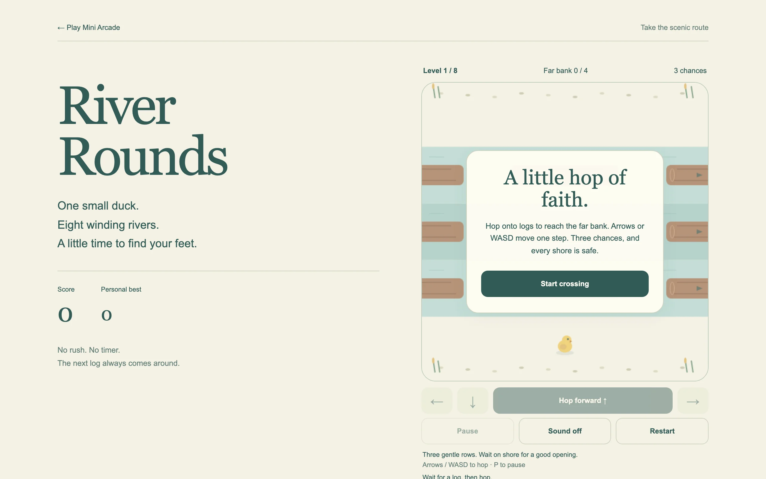 River Rounds start screen: a cream menu beside a teal river with floating logs and a little yellow duck.