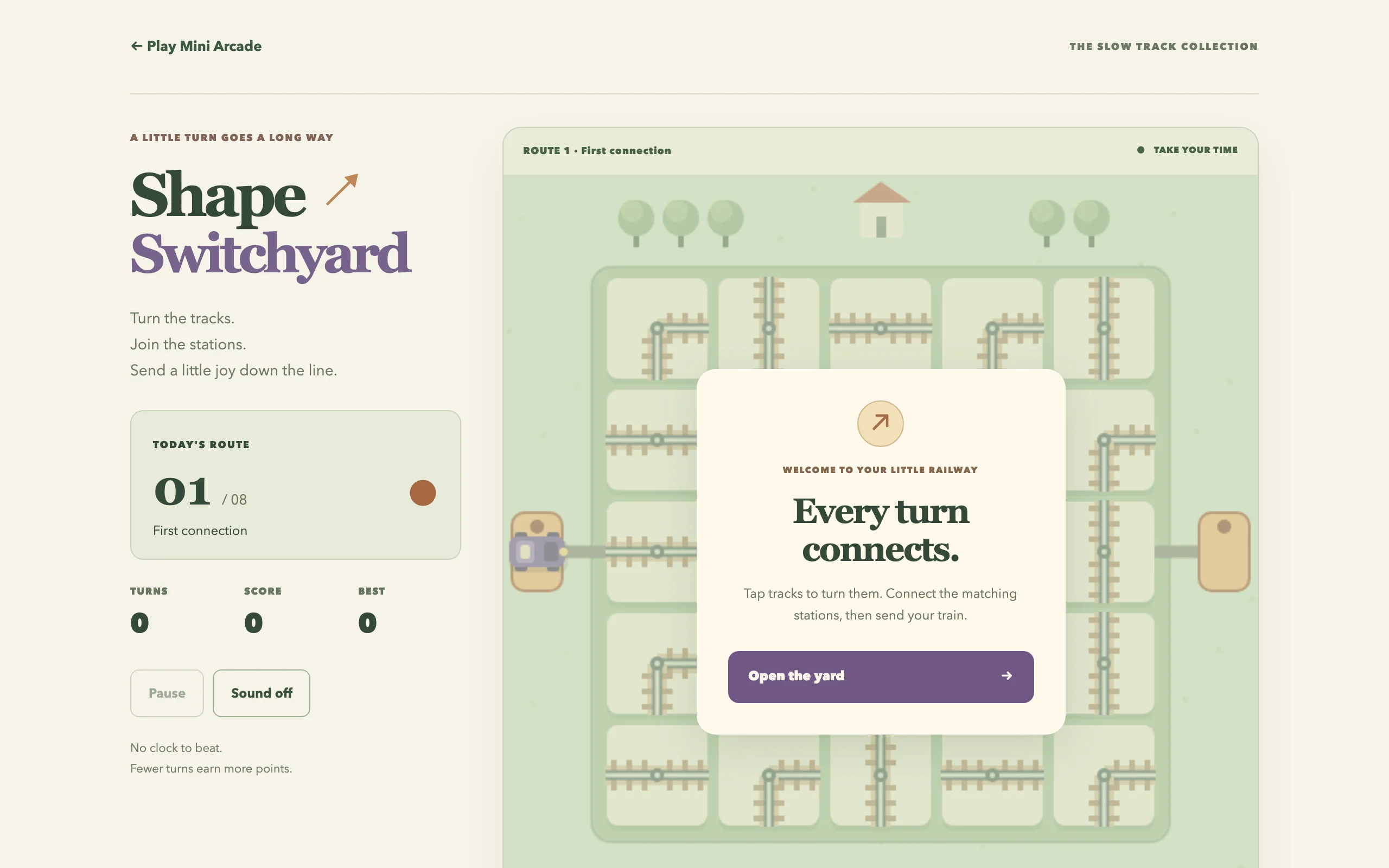 Shape Switchyard start screen: a mint railway map with track tiles, orange stations and a purple Open the yard button.