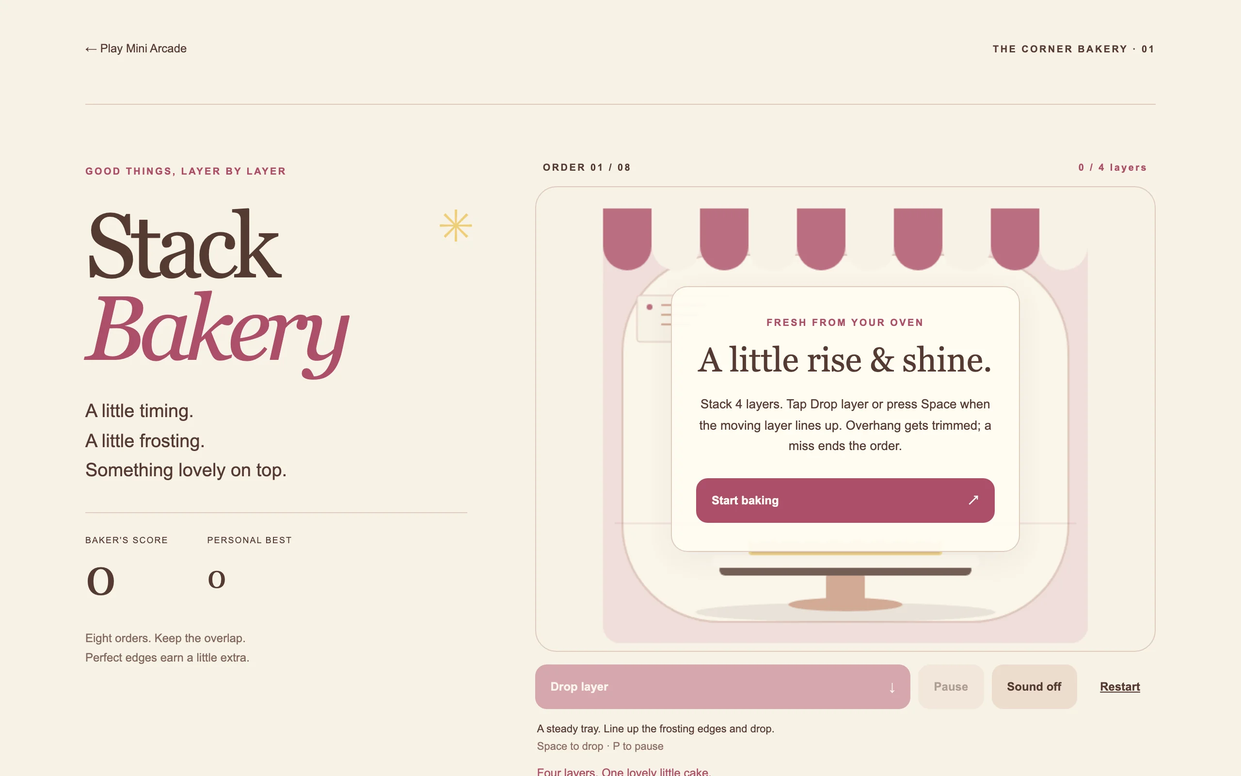 Stack Bakery start screen: a cream bakery menu, pink scalloped awning and a cake stand beneath the Start baking card.