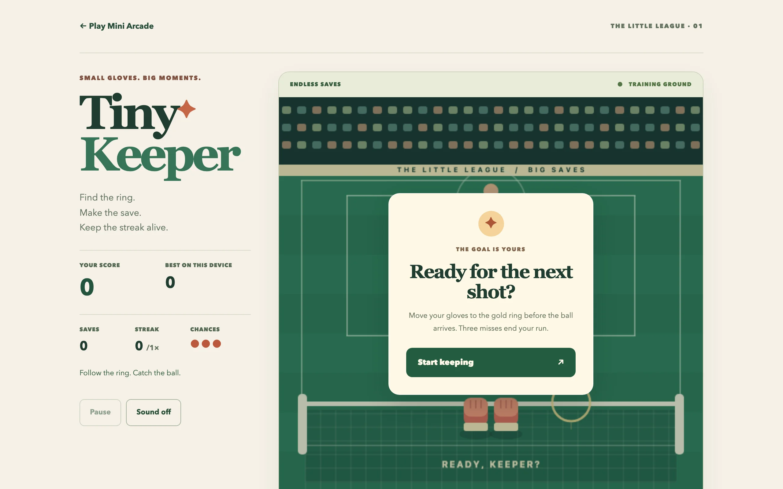 Tiny Keeper start screen: an emerald football pitch with coral gloves and a cream Start keeping card.